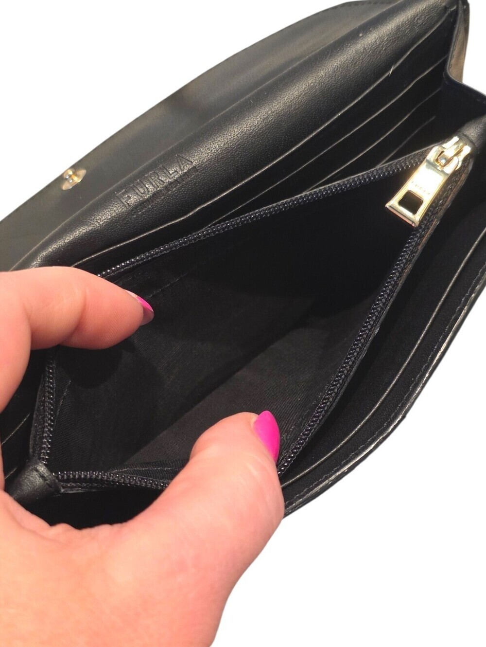 Furla Black Pebbled Leather Continental Wallet Long Zip Organizer Gold Logo - Picture 13 of 14